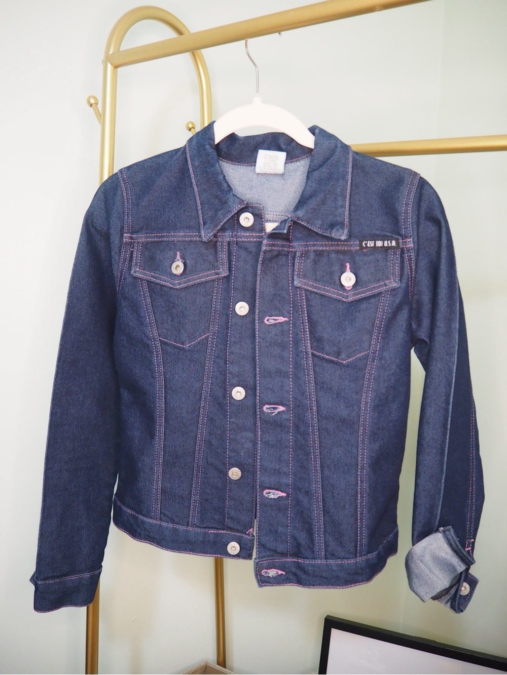 C'est Toi USA Dark Wash Denim Jacket Pink Contrast Stitching - Size S